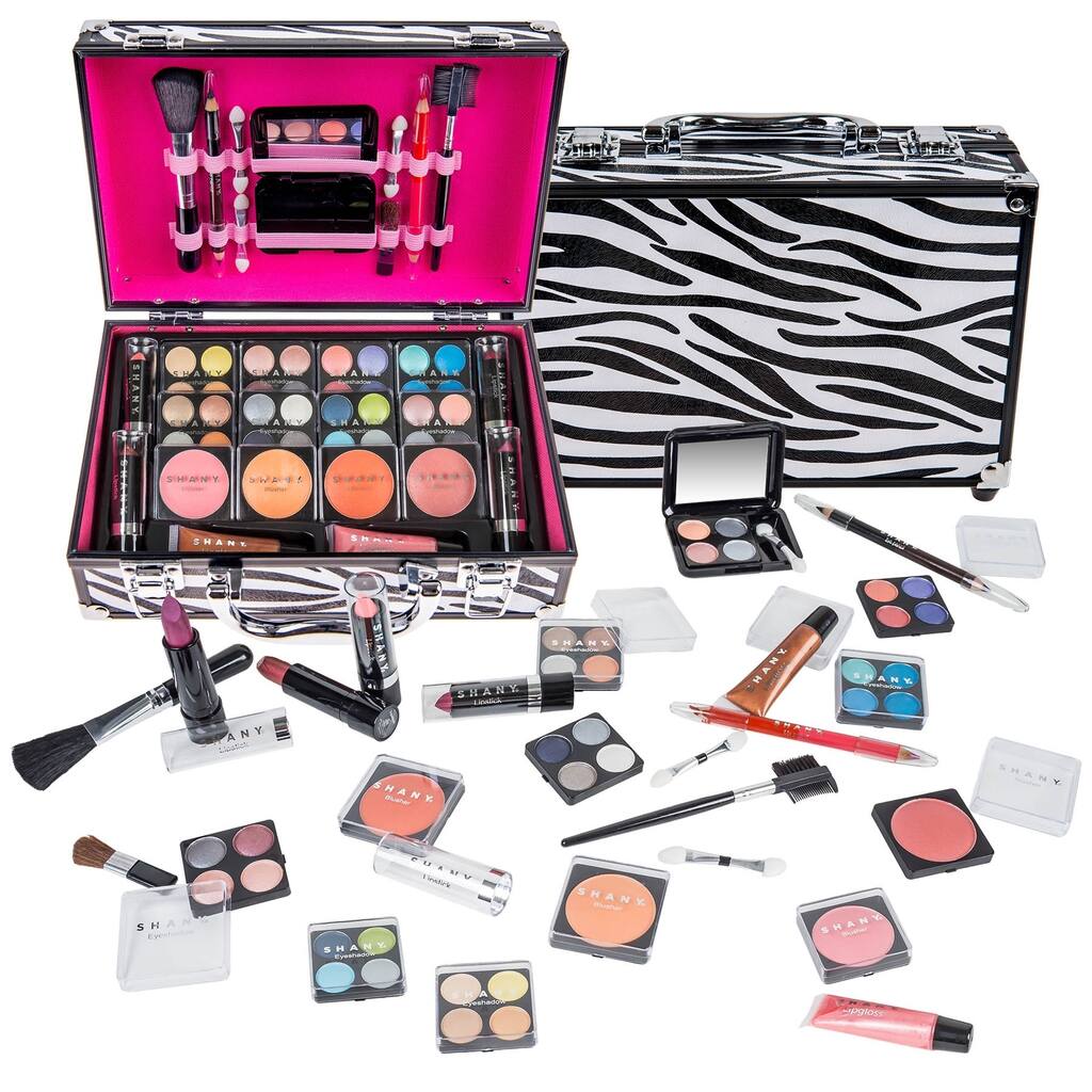 Shany Carry All Makeup Train Case with Pro Makeup and Reusable Aluminum Zebra Case - Multi-color