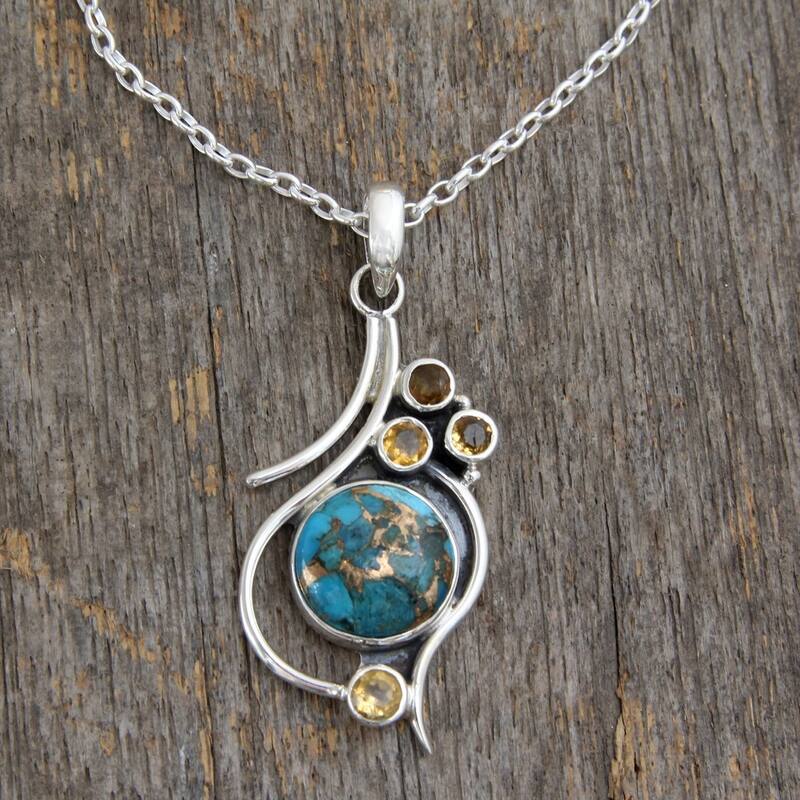 Handmade Sterling Silver Citrine and Composite Turquoise Pendant Necklace (India)