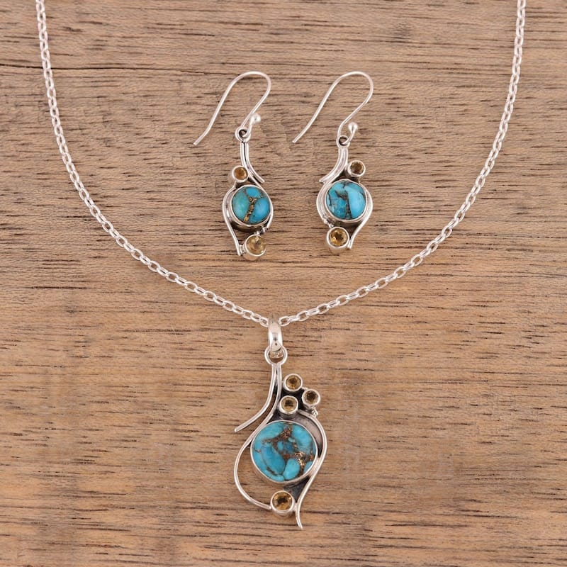 Handmade Sterling Silver Citrine and Composite Turquoise Pendant Necklace (India)
