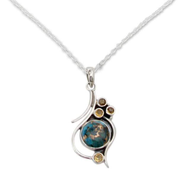 Handmade Sterling Silver Citrine and Composite Turquoise Pendant Necklace (India)