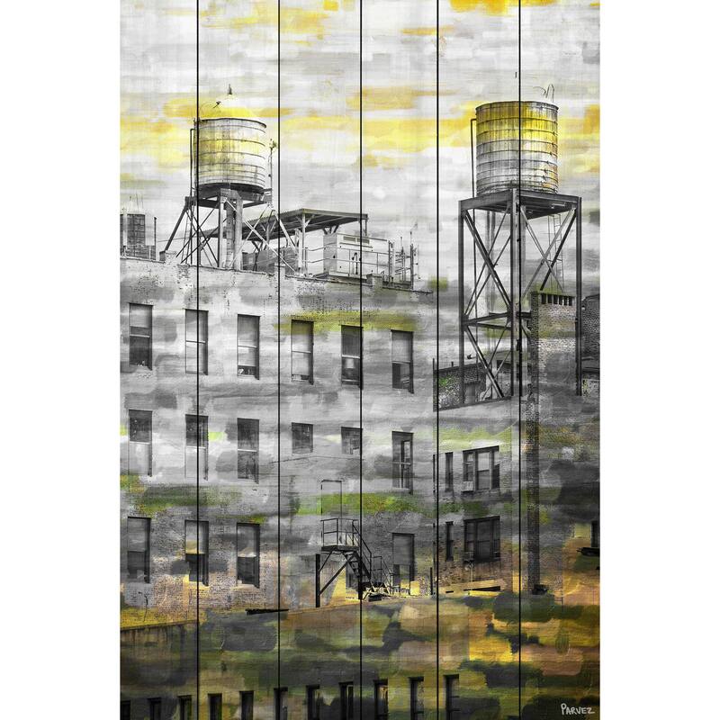 Parvez Taj 'Twin Silos' Painting Print on White Wood - Multi-color