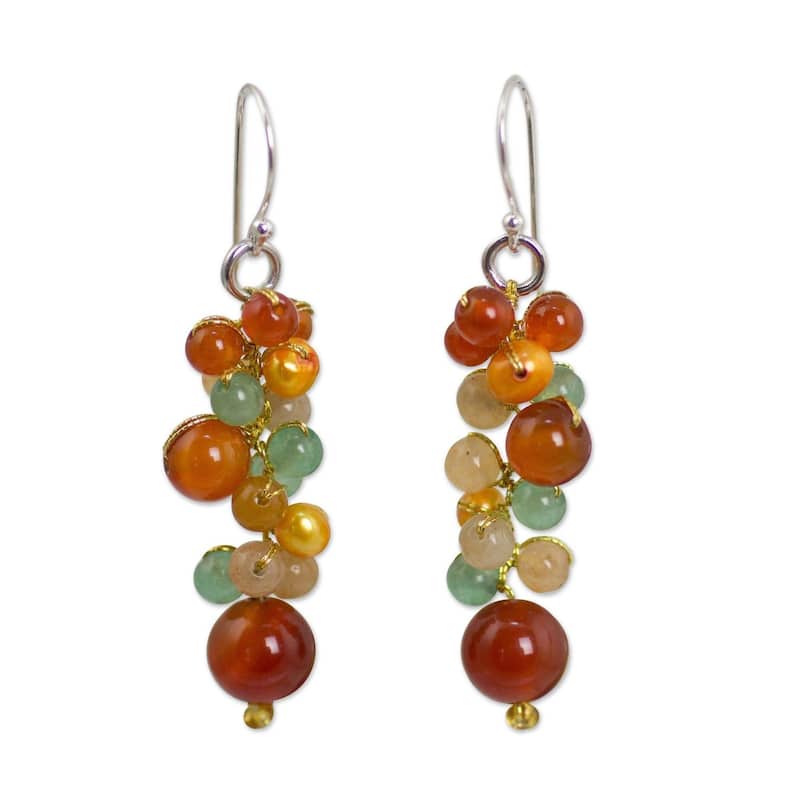 NOVICA Handmade Vineyard Sterling Silver Multi-Stone Earrings (Thailand) - 1.8*0.4 - Orange - White
