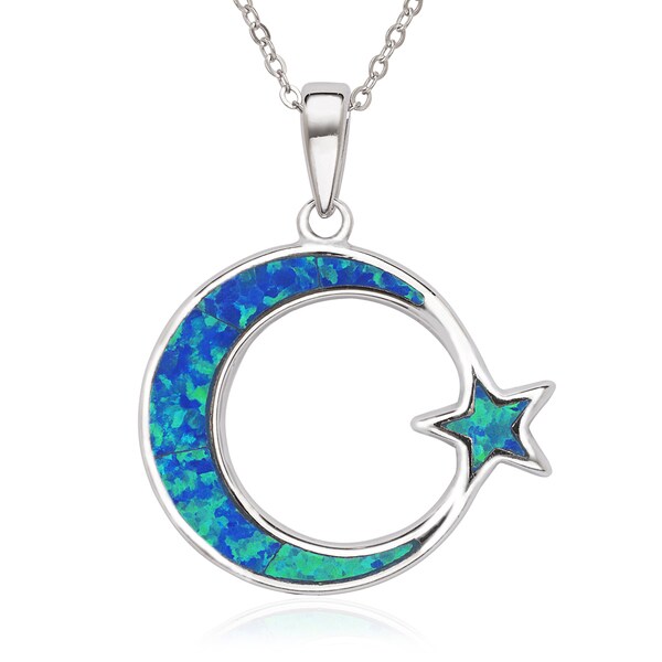 La Preciosa Sterling Silver Created Blue Opal Crescent Moon and Star Pendant