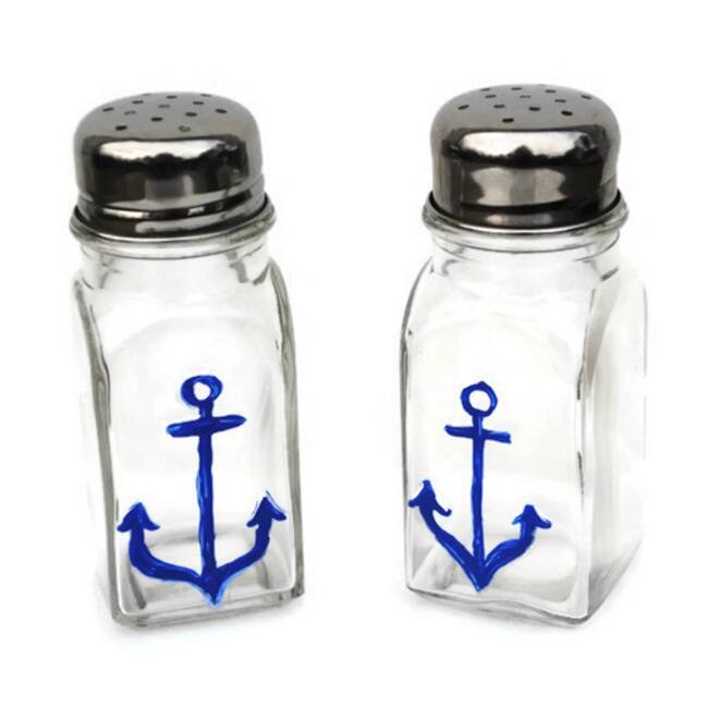 Hand-painted Blue Nautical Anchor Glass Salt and Pepper Shaker Set Atkinson Creations