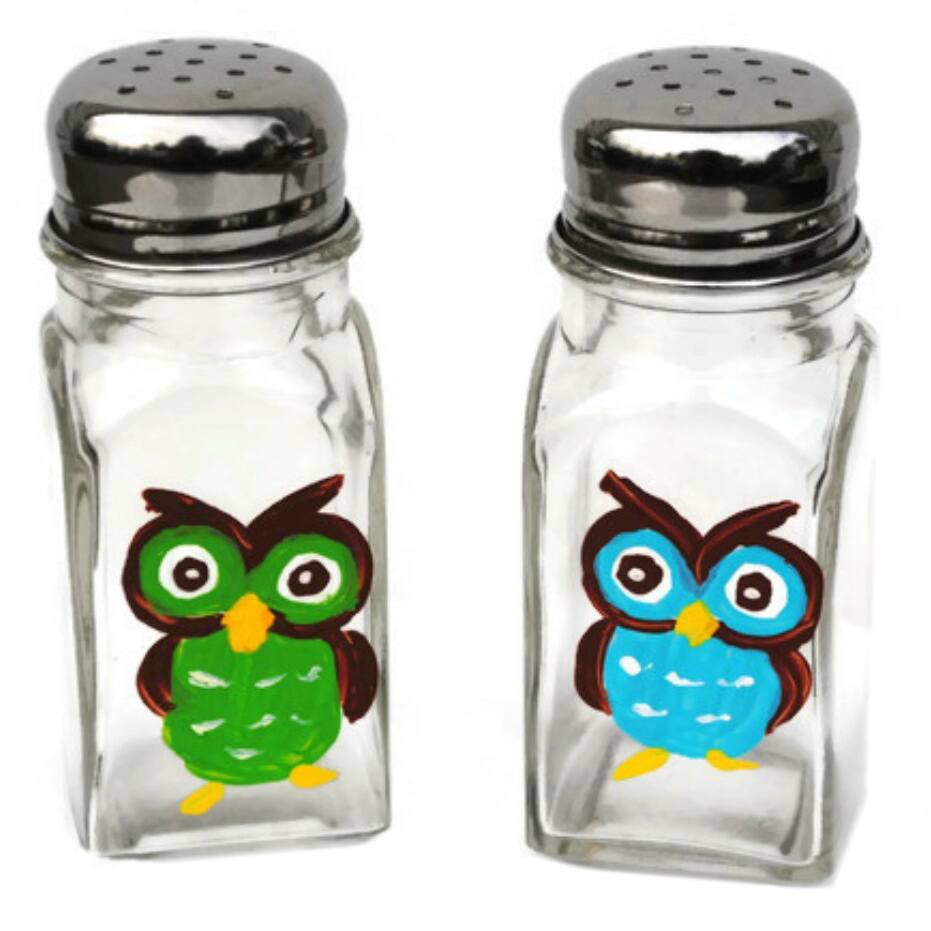 Hand-painted Cute Hoot Owl Glass Salt and Pepper Shaker Set - Blue