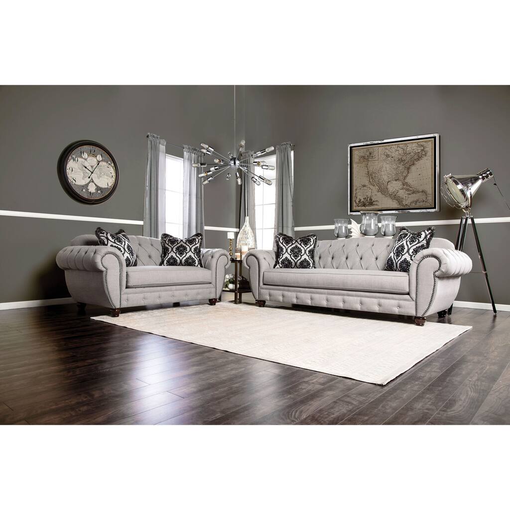 Ponn Glam Grey Fabric Tufted Nailhead 2-Piece Sofa Set by Furniture of America