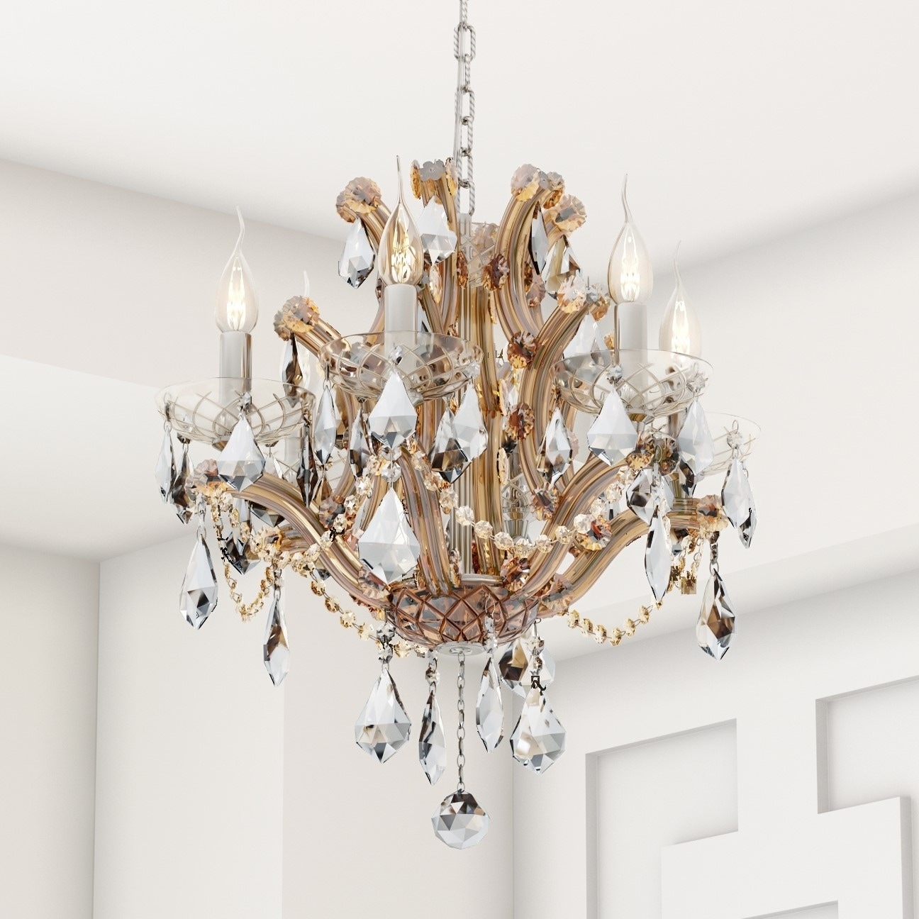 Lyre Collection 6 Light Chrome Finish and Amber Crystal Chandelier (6 Lights Chrome Finish Chandelier) - Chandeliers For Bedrooms by Overstock.com