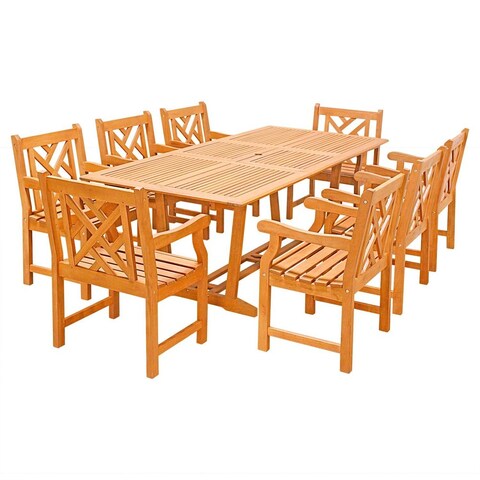 Eco-Friendly 9-Piece Wood Outdoor Dining Set with Rectangular Extension Table and Decorative Back Ar