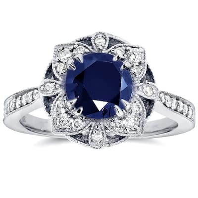 Annello by Kobelli 14k White Gold Round-cut Sapphire and 1/4ct TDW Diamond Floral Antique Ring