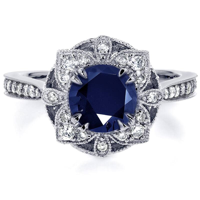 Annello by Kobelli 14k White Gold Round-cut Sapphire and 1/4ct TDW Diamond Floral Antique Ring