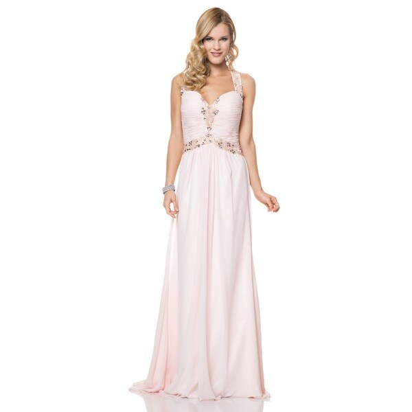 Bari Jay Ruched Chiffon Beaded Halter Open Back Evening Gown