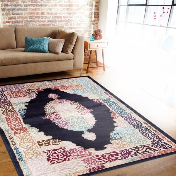 Traditional Oriental Medallion Design Navy/Multi-colored Indoor Area Rug (7'10 x 10'2) - 7'10" x 10'2"