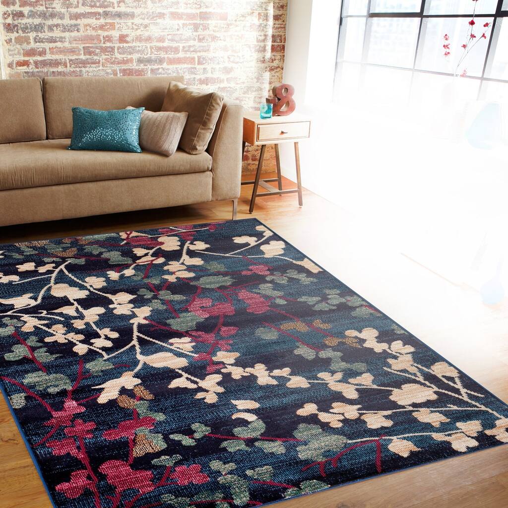 World Rug Gallery Contemporary Floral Navy Indoor Area Rug (5'3 x 7'3) - 5'3" x 7'3"