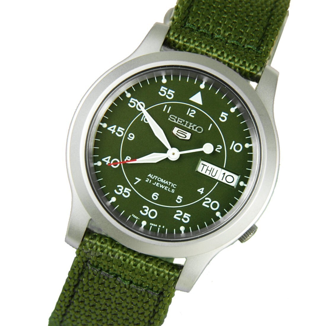 seiko men's snk805 seiko 5 automatic stainless steel watch with green canvas