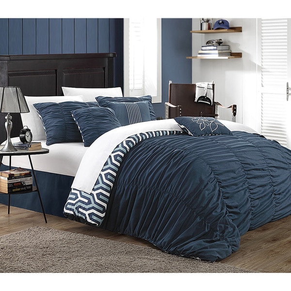 Chic Home Elisha Pleated Ruffled Reversible Creased 7-piece Duvet Cover Set with White Sheet Set