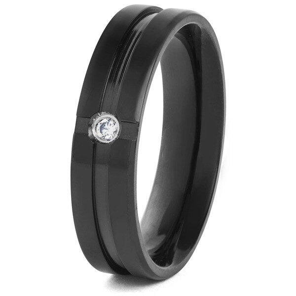 Black Plated Titanium and Cubic Zirconia Grooved Titanium Ring (4 mm