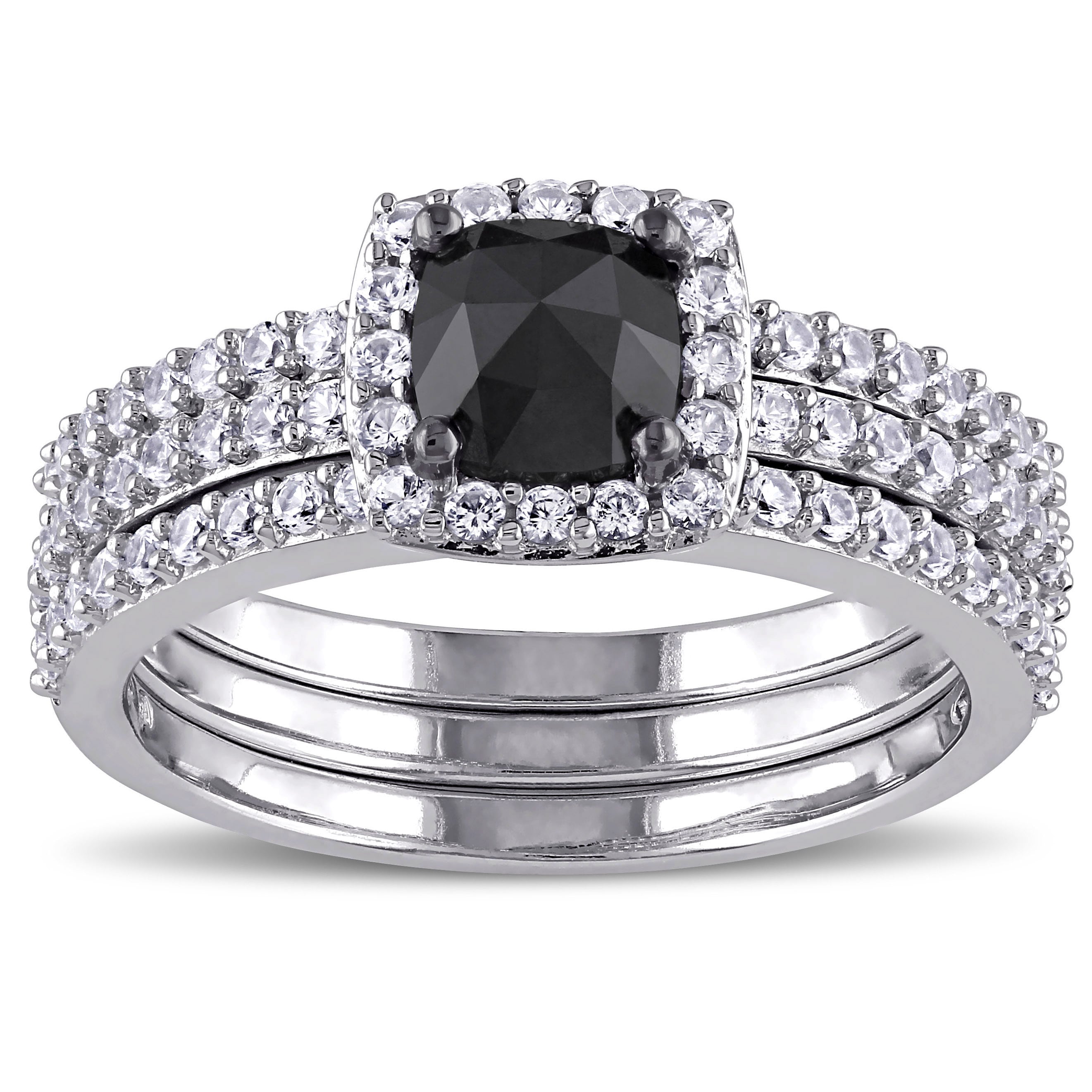 Miadora 10k White Gold 3/4ct TDW Black Diamond and Created White Sapphire Bridal Ring Set
