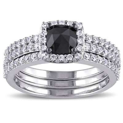 Miadora 10k White Gold 3/4ct TDW Black Diamond and Created White Sapphire Bridal Ring Set
