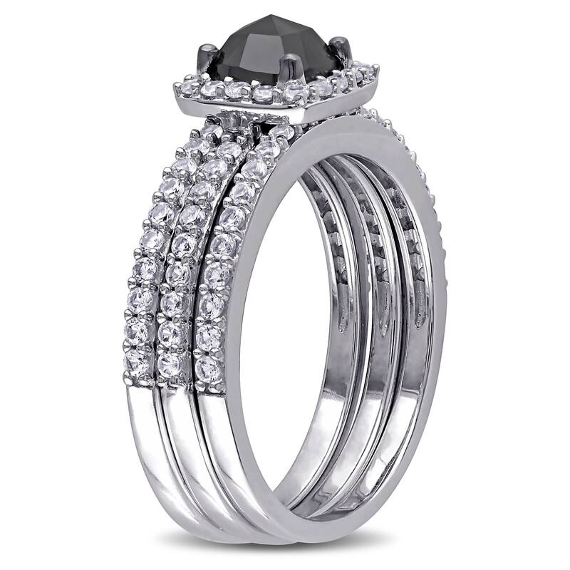 Miadora 10k White Gold 3/4ct TDW Black Diamond and Created White Sapphire Bridal Ring Set