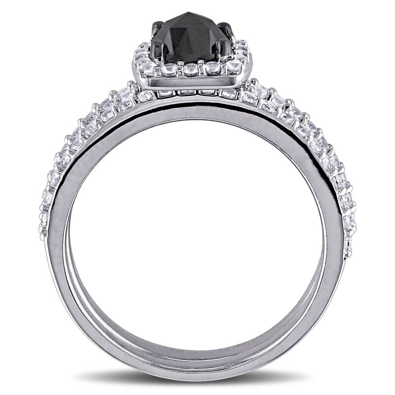 Miadora 10k White Gold 3/4ct TDW Black Diamond and Created White Sapphire Bridal Ring Set