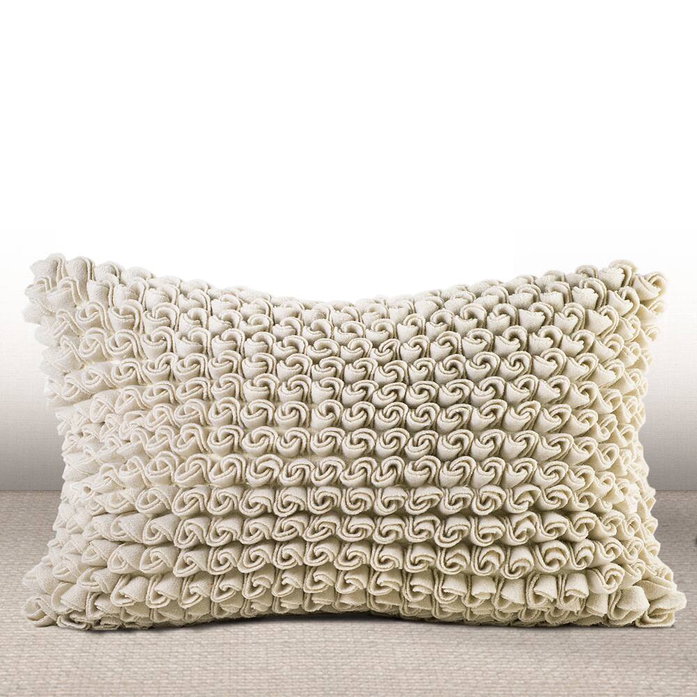 Chauran Madrygal Ivory Rosette Luxury Feather and Down Filled Lumbar Pillow