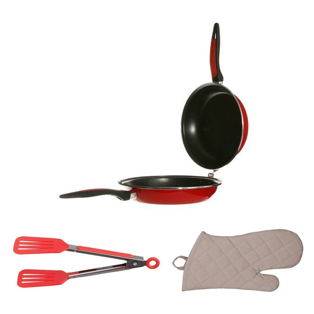 Magefesa Red Frittata Pan 2-PC Bundle with Oven Mitt and 8" Tongs