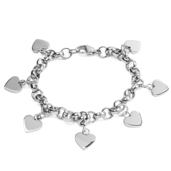 Stainless Steel Dangling Hearts Rolo Link Charm Bracelet