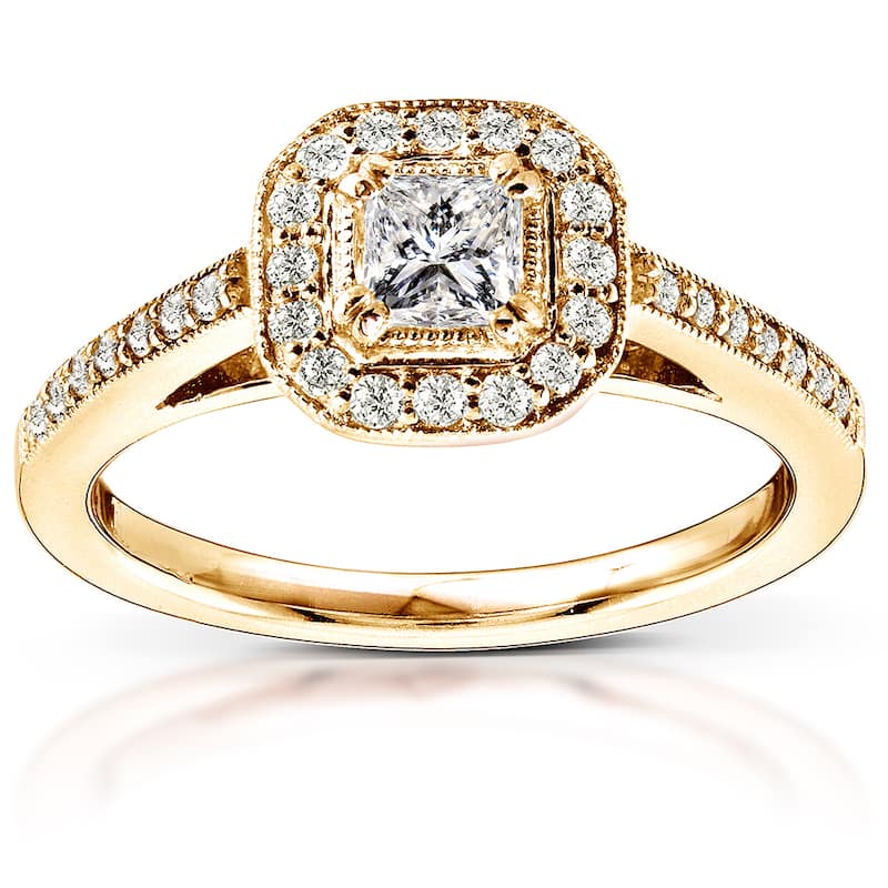 Kobelli 0.5 Carats Natural Diamond 14k Solid Yellow Gold Princess Halo Milgrain Pavé Engagement Ring - 4