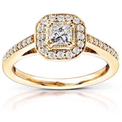 Kobelli 0.5 Carats Natural Diamond 14k Solid Yellow Gold Princess Halo Milgrain Pavé Engagement Ring