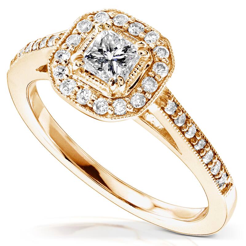 Kobelli 0.5 Carats Natural Diamond 14k Solid Yellow Gold Princess Halo Milgrain Pavé Engagement Ring