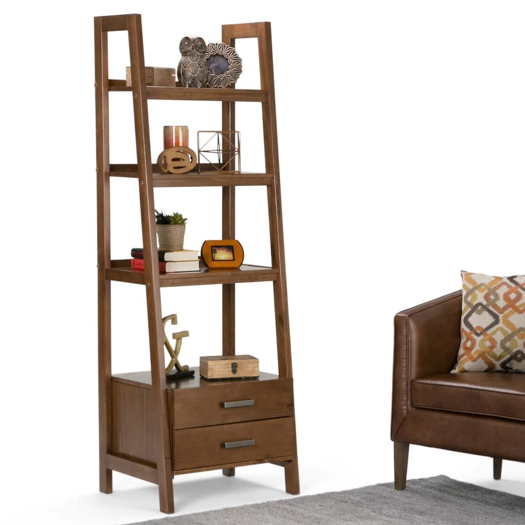 WYNDENHALL Hawkins SOLID WOOD 72 inch x 24 inch Modern Industrial Ladder Shelf with Storage in Medium Saddle Brown