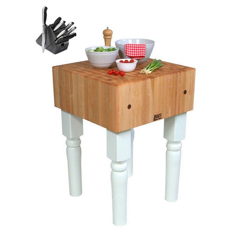 John Boos Alabaster White Butcher Block 18 x 18 Table with Casters and Henckels 13-piece Knife Block Set