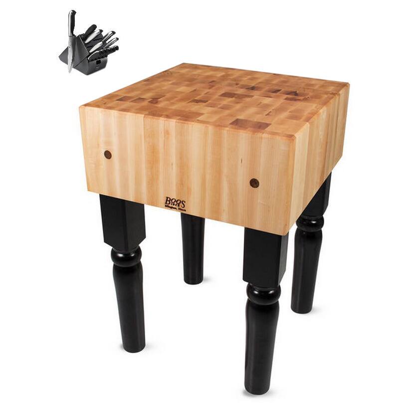 John Boos Black Butcher Block 24 x 24 Table with Casters and Henckels 13-piece Knife Block Set