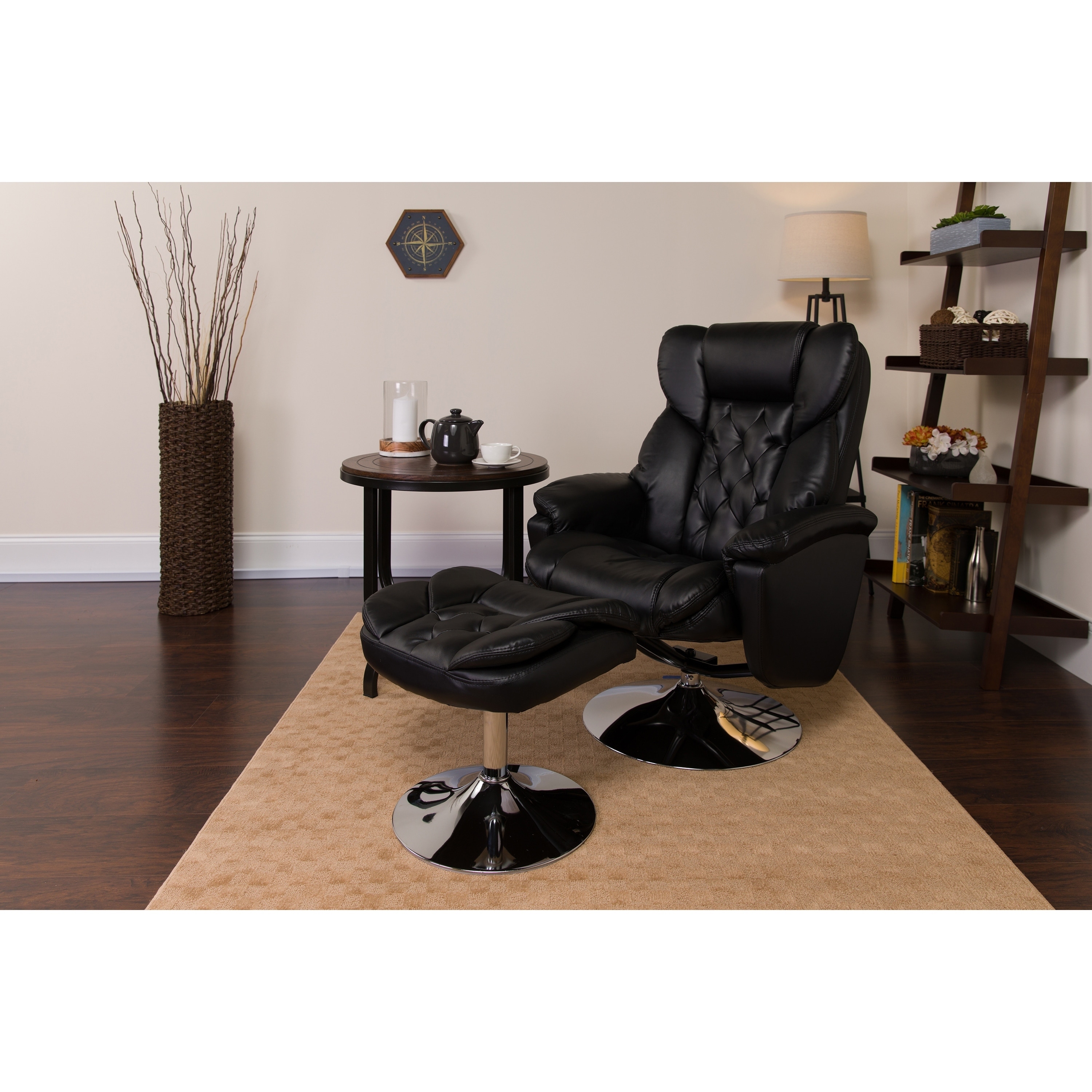 Transitional Black Leather Recliner and Ottoman with Chrome Base