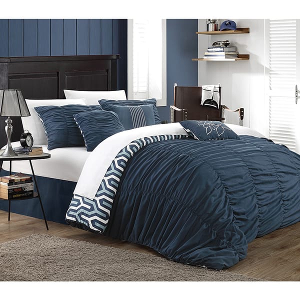 Shop Chic Home Lester Navy Pleated Ruffled 7 Piece Comforter Set