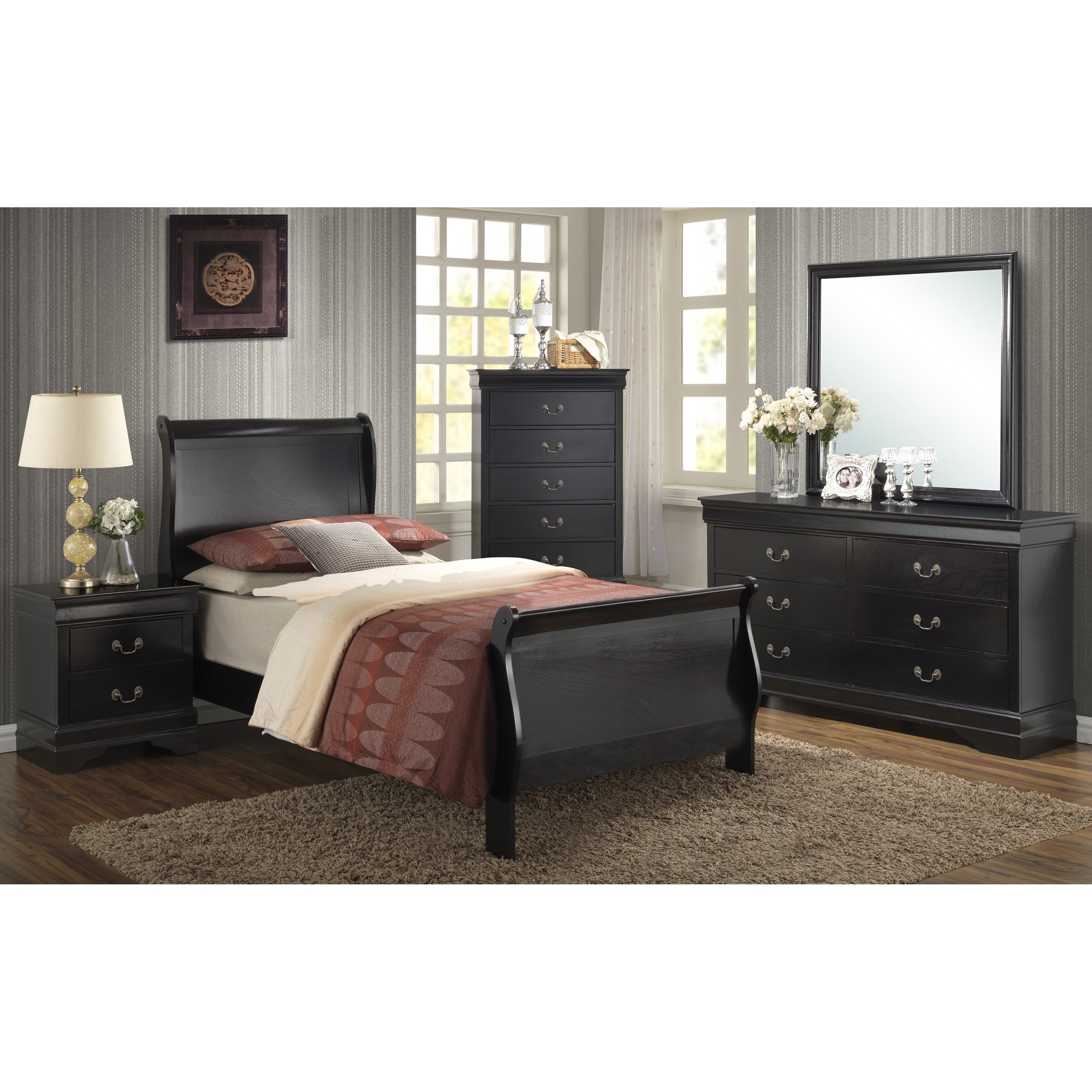 5Pc Queen/ King Sleigh Bedroom Set Louis Philippe Style in Black