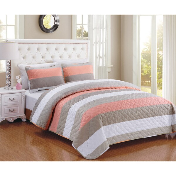 Vermiliton Stripe Coral 3-piece Quilt Set