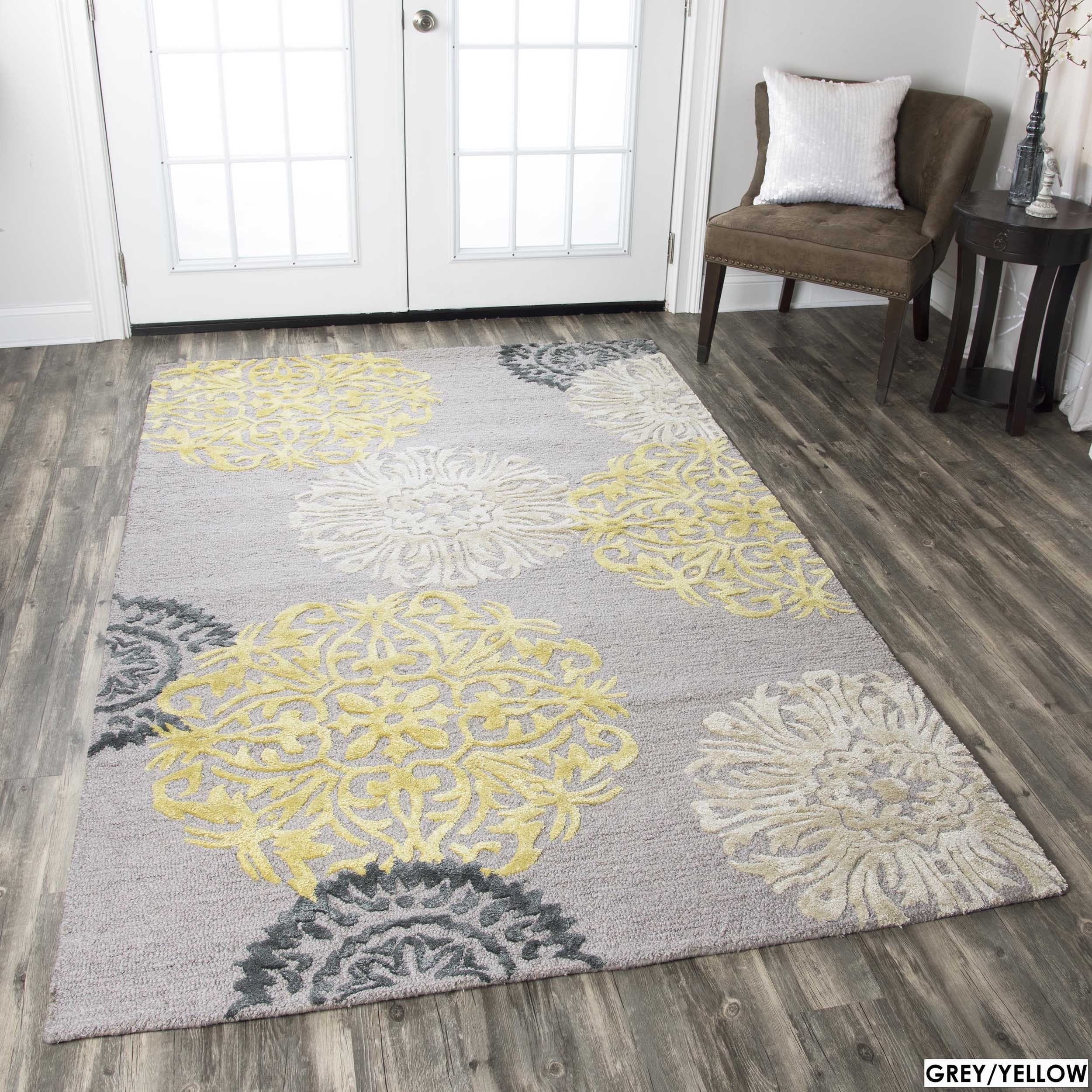 Hand Tufted Fl Wool Grey Navy Yellow Rug 9 X 12