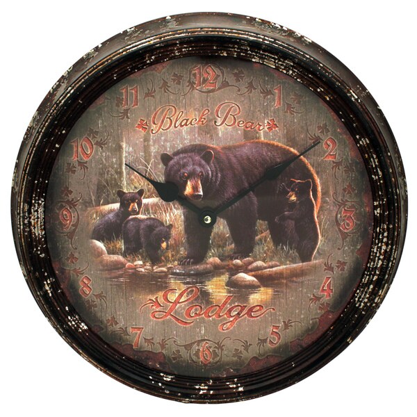Rivers Edge Products Metal Clock 15-inch Black Bear Lodge