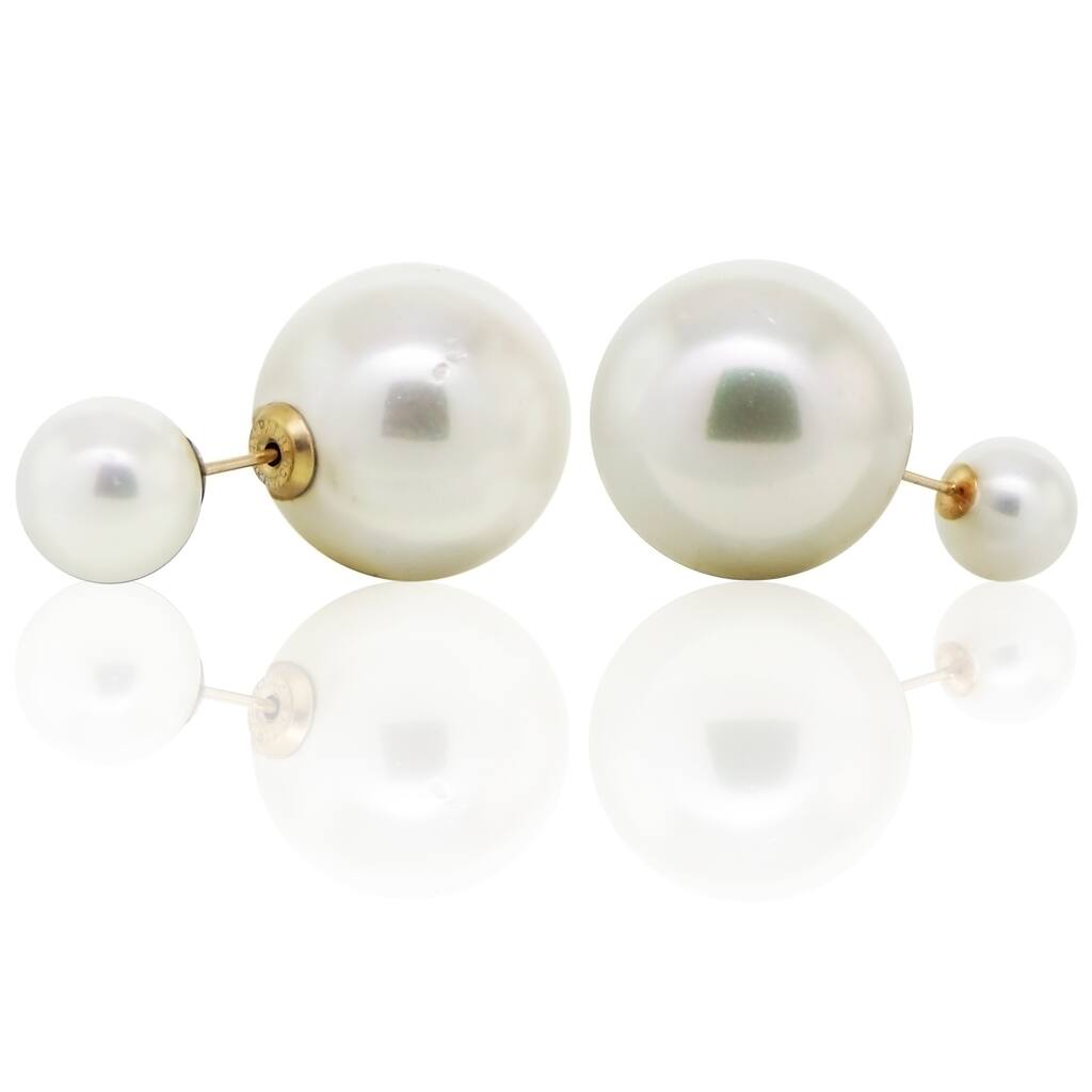 DaVonna 14k Yellow Gold Round Shell Pearl Front and Back Stud Earring