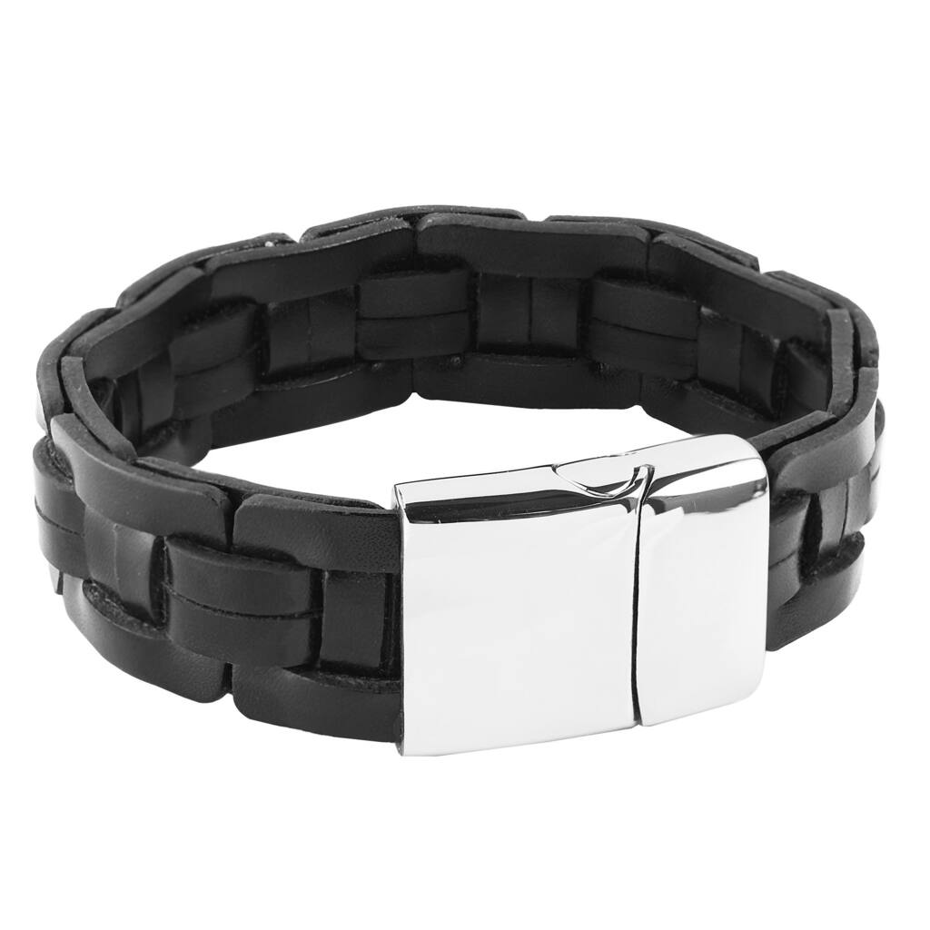 Men's Black Leather Stainless Steel Bracelet