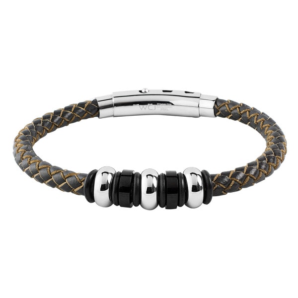 Men's Stainless Steel Brown Leather Braided and Beaded Bracelet