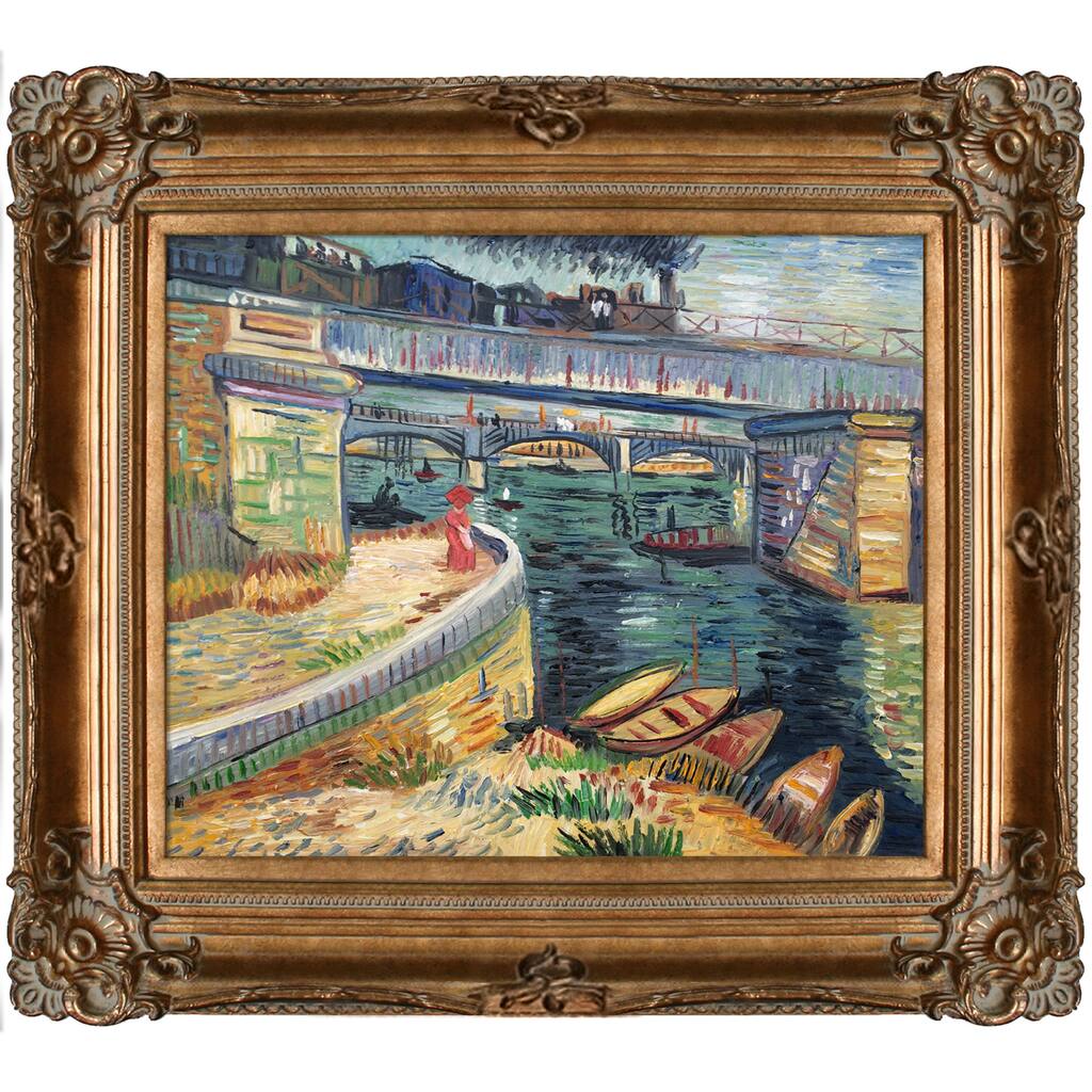 La Pastiche Vincent Van Gogh 'Bridge Across the Seine at Asnieres Summer' Hand Painted Framed Canvas Art