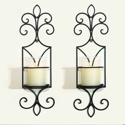 Adeco Brown Iron Vertical Wall Hanging Candle Holder Sconce Accents (Set of 2)