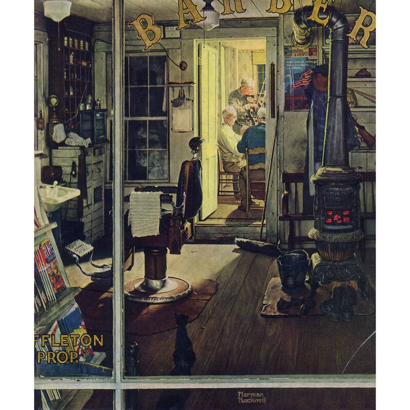 Marmont Hill - "Shuffleton's Barbershop" by Norman Rockwell Painting Print on Canvas - Multi-Color