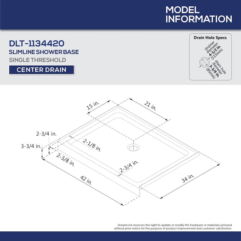 DreamLine SlimLine 34 in. D x 42 in. W x 2 3/4 in. H Single Threshold Shower Base - 34" x 42"