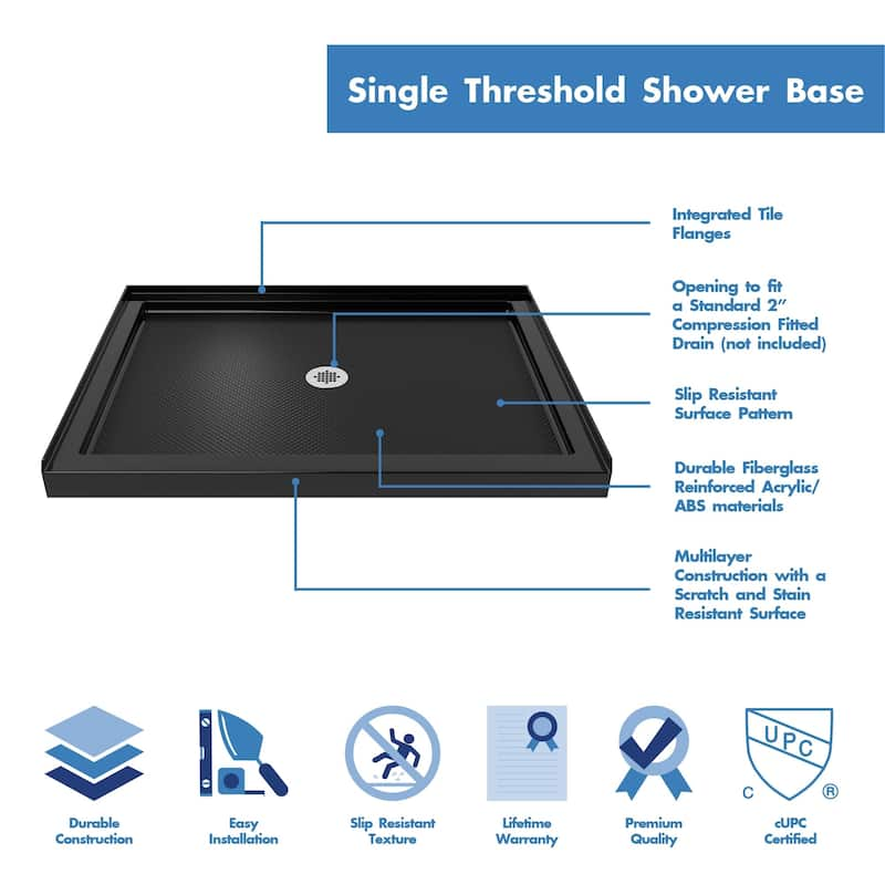 DreamLine SlimLine 34 in. D x 42 in. W x 2 3/4 in. H Single Threshold Shower Base - 34" x 42"