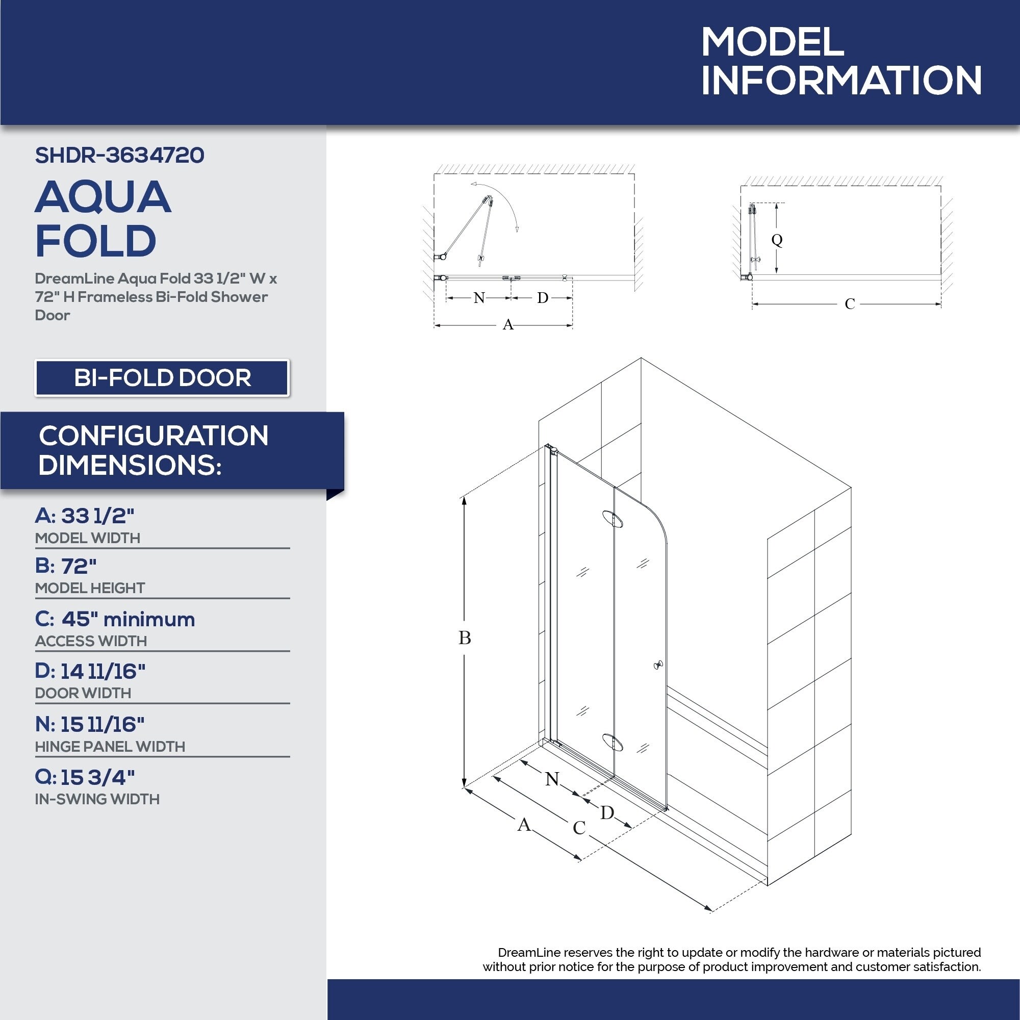 Shop Dreamline Aqua Fold 33 1 2 In W X 72 In H Frameless Bi Fold
