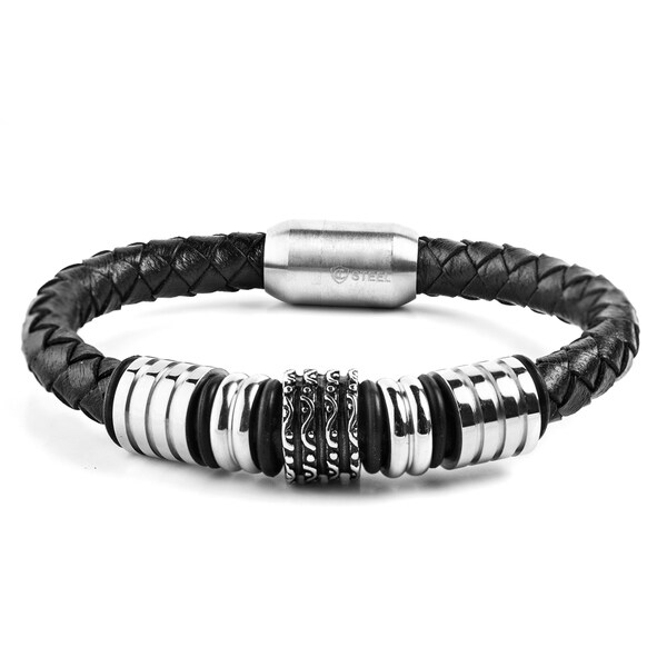 Crucible Stainless Steel Grooved Wavy Beaded Black Leather Bracelet