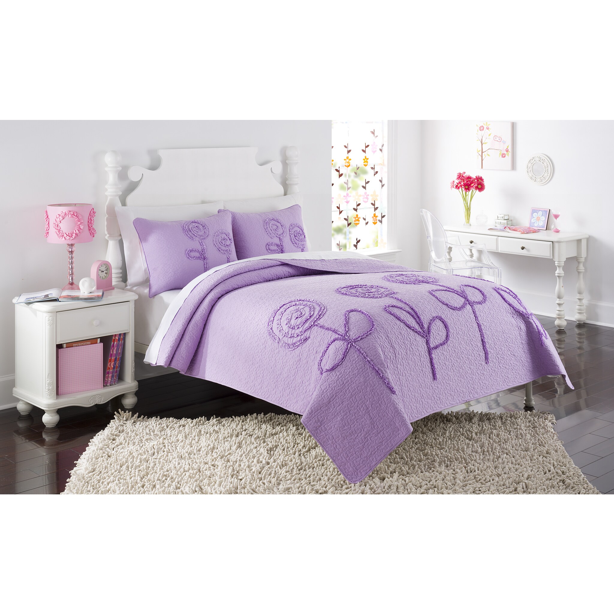 Shop Rachel Purple Ruffle Flower Twin Size 2 Piece Quilt Set